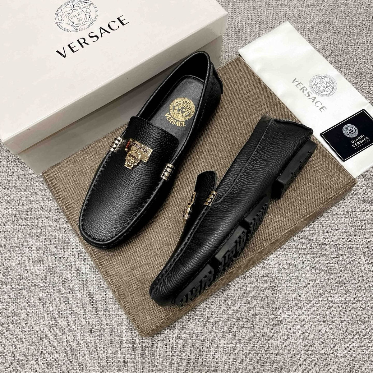 Versace Men's Black Loafers with Gold-Tone Hardware — side