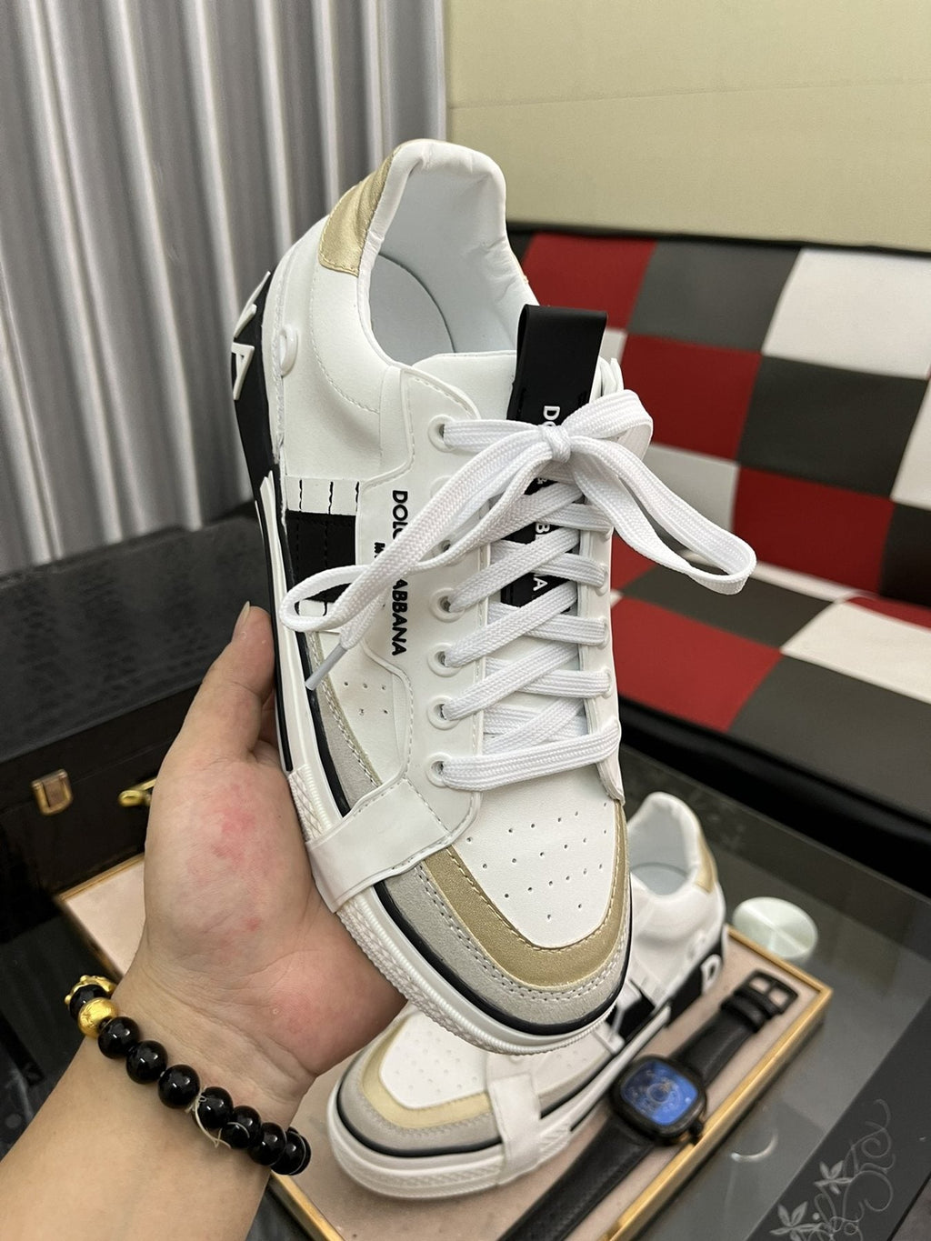 Dolce & Gabbana White, Cream & Black Lace-Up Sneakers — model