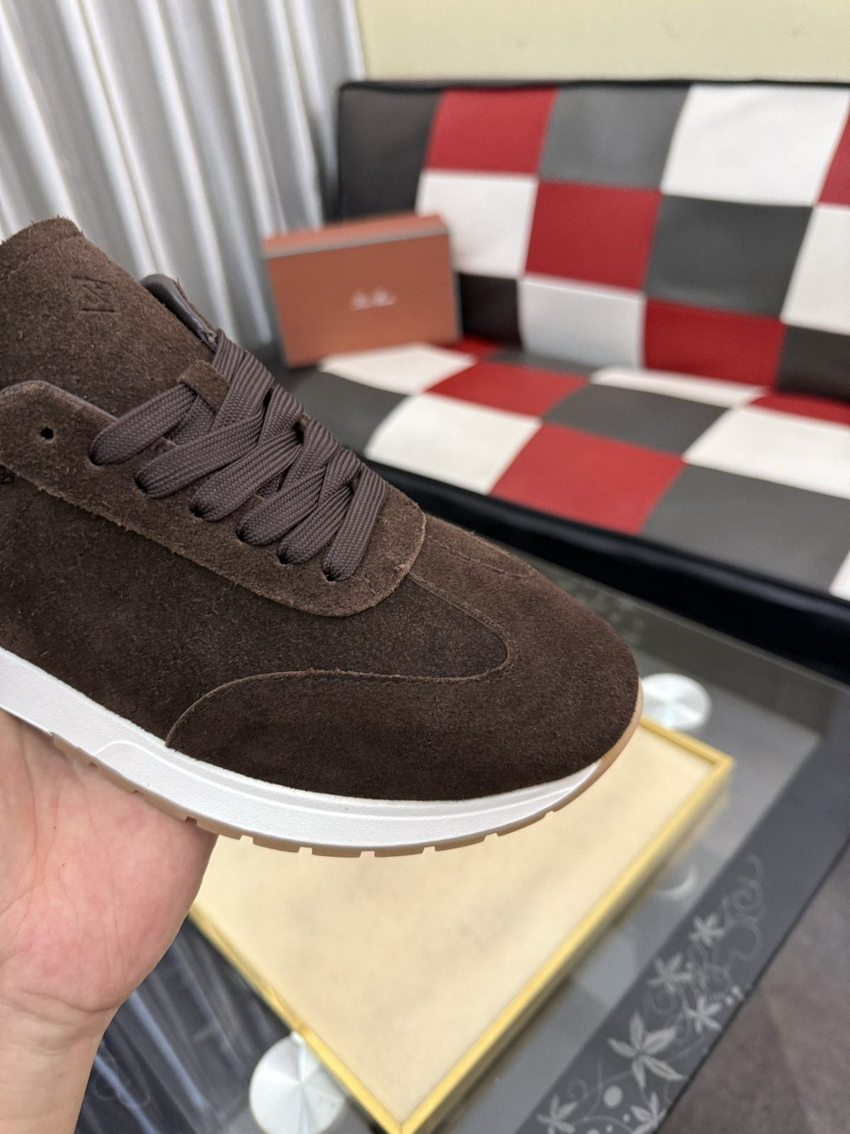 Dark Brown Lace-Up Sneakers with White Soles — detail