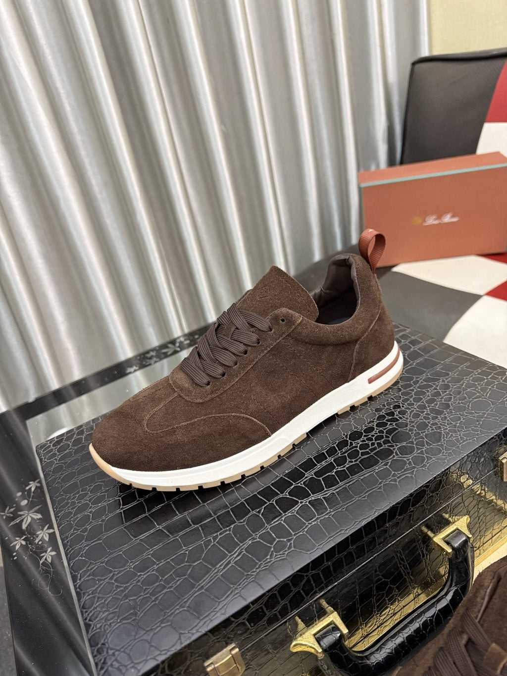 Dark Brown Lace-Up Sneakers with White Soles — front