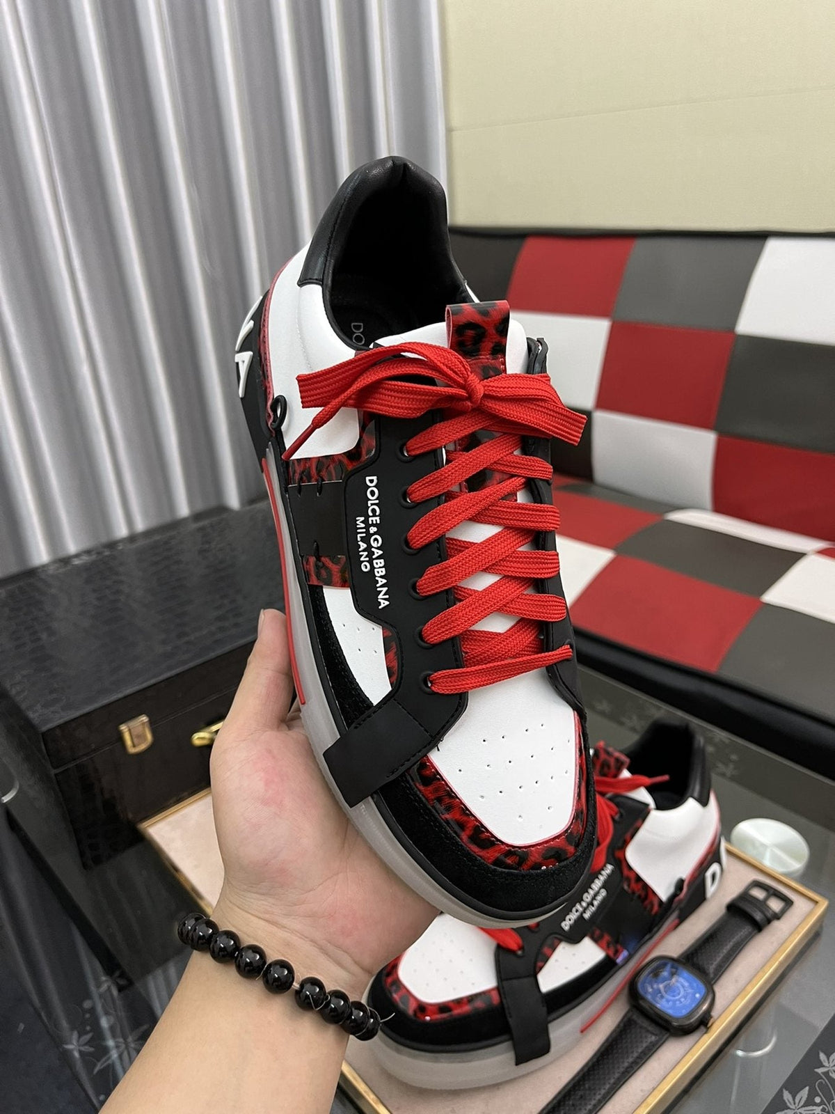 Dolce & Gabbana Men's Red-Lace Low-Top Sneakers — model