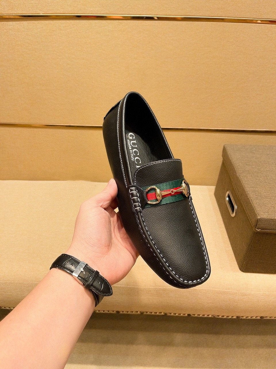 Gucci Black Loafers with Red and Green Strap — model