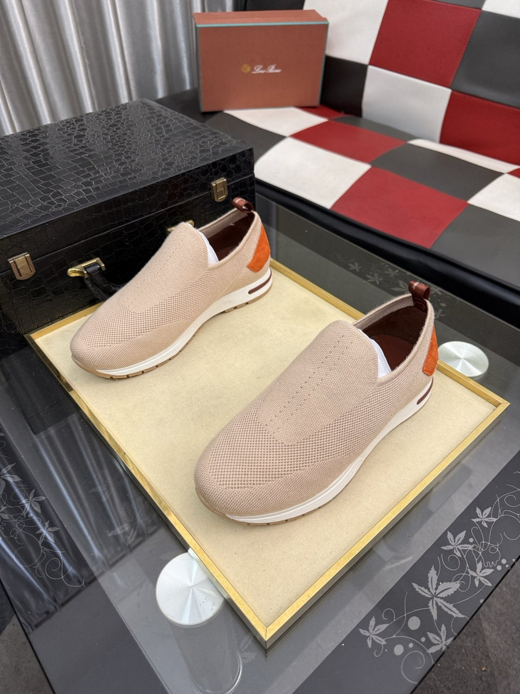 Men's Beige Slip-On Sneakers with Orange-Brown Heel Accent — front