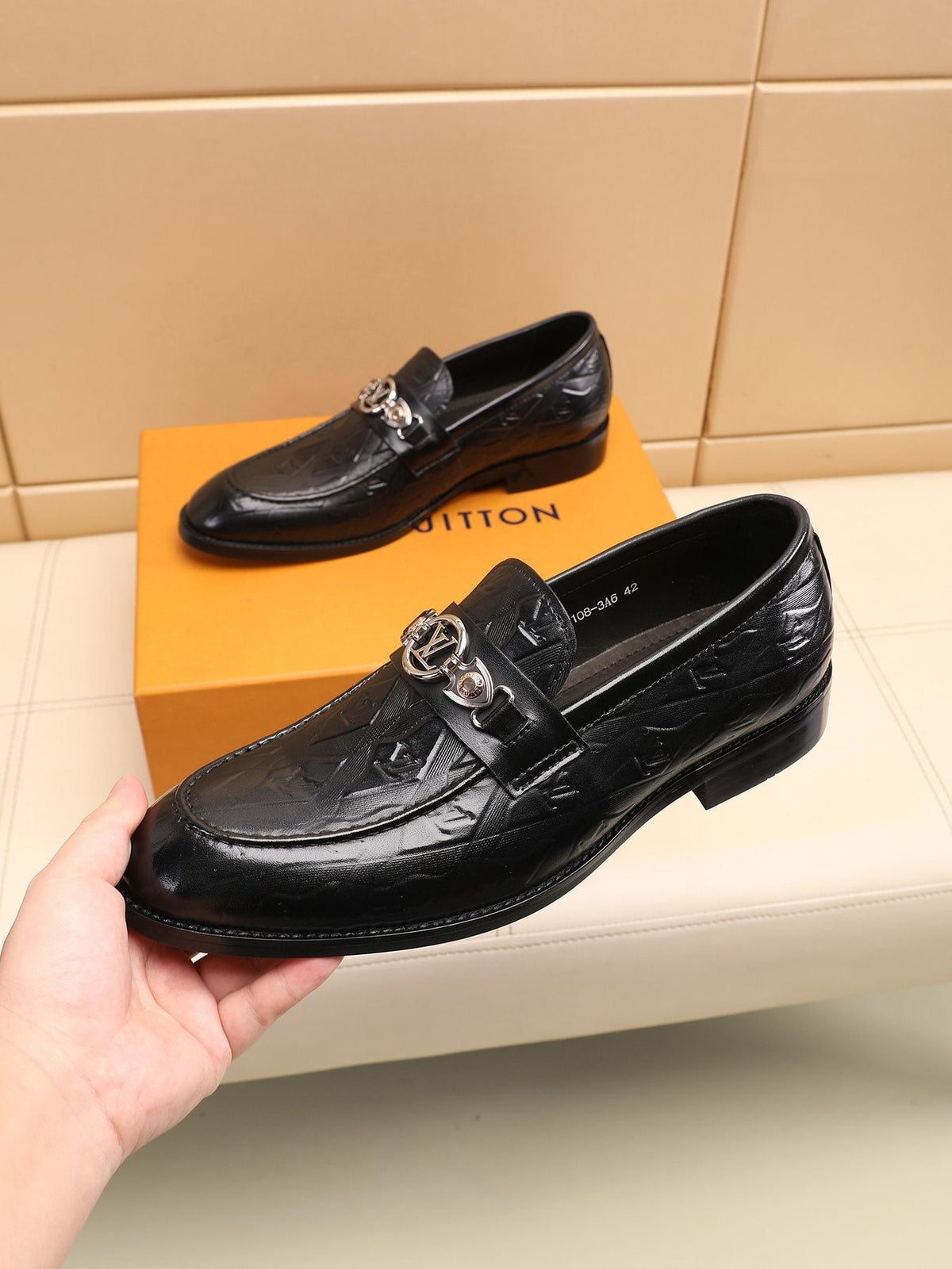Louis Vuitton Black Embossed Loafers — model