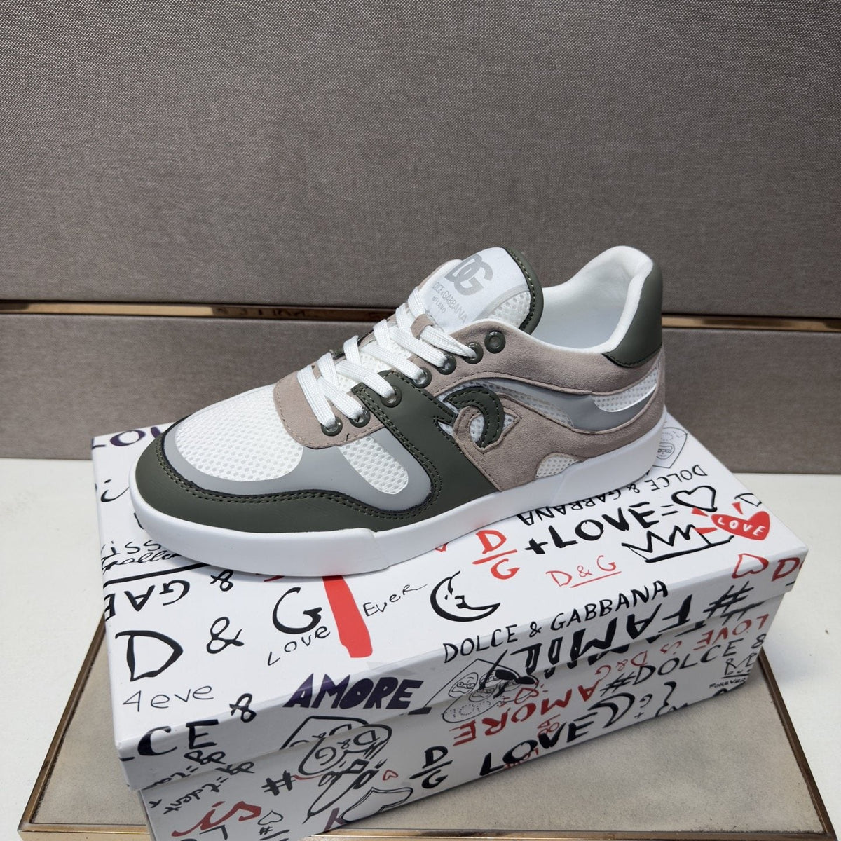 Dolce & Gabbana White, Olive & Taupe Sneakers — front