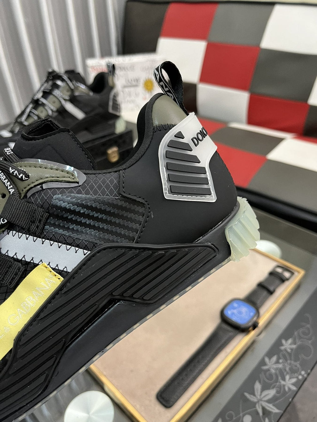 Dolce & Gabbana Black and Gray Sneakers with Yellow Accent — detail