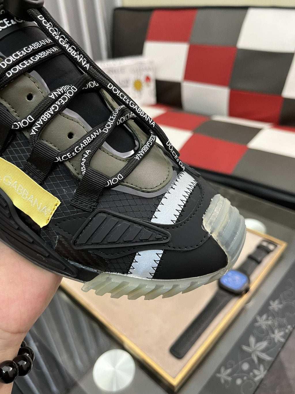 Dolce & Gabbana Black and Gray Sneakers with Yellow Accent — detail
