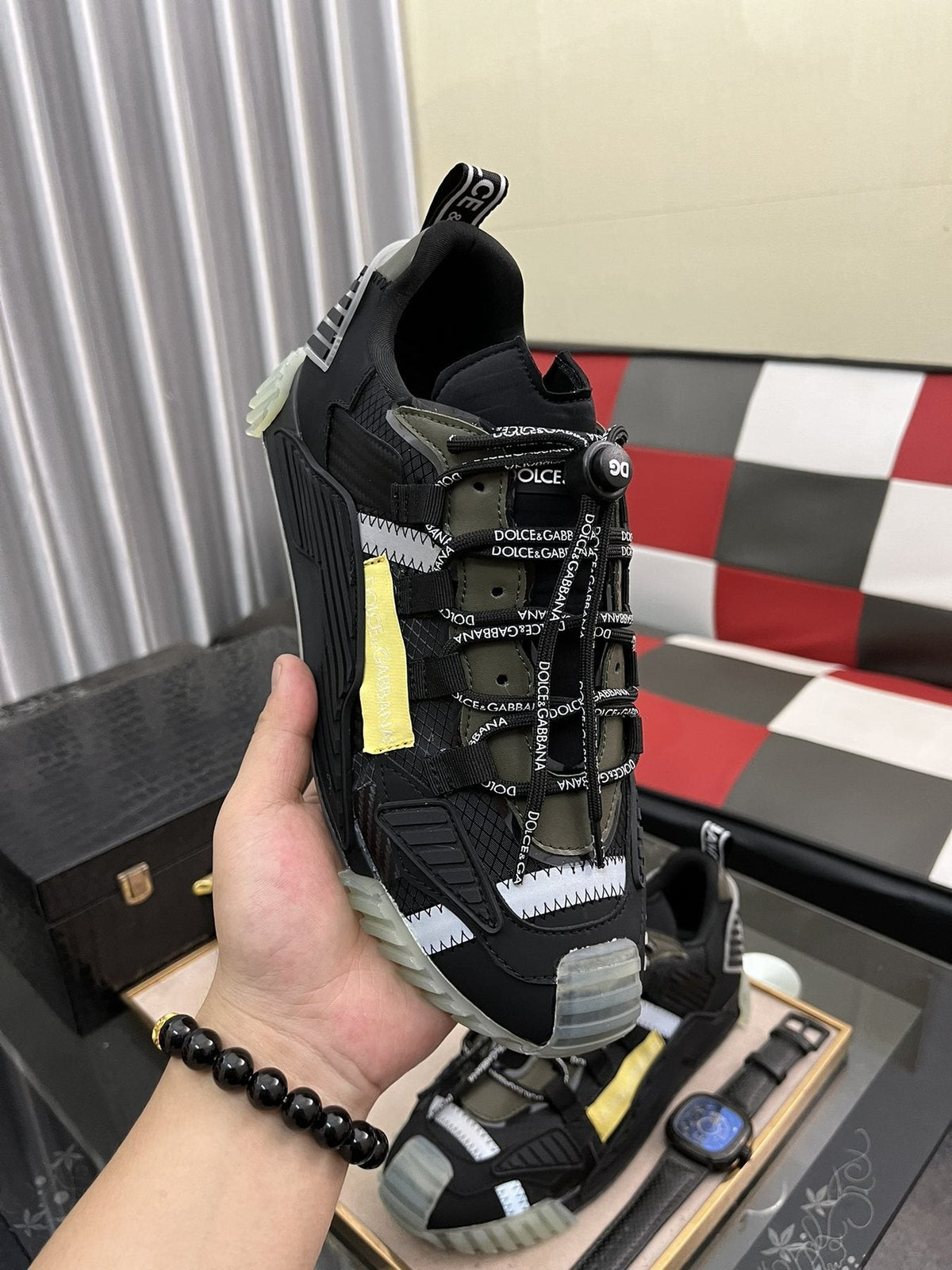 Dolce & Gabbana Black and Gray Sneakers with Yellow Accent — front