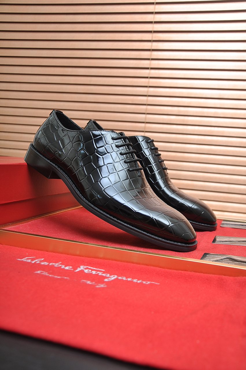 Ferragamo Black Embossed Lace-Up Dress Shoes — front