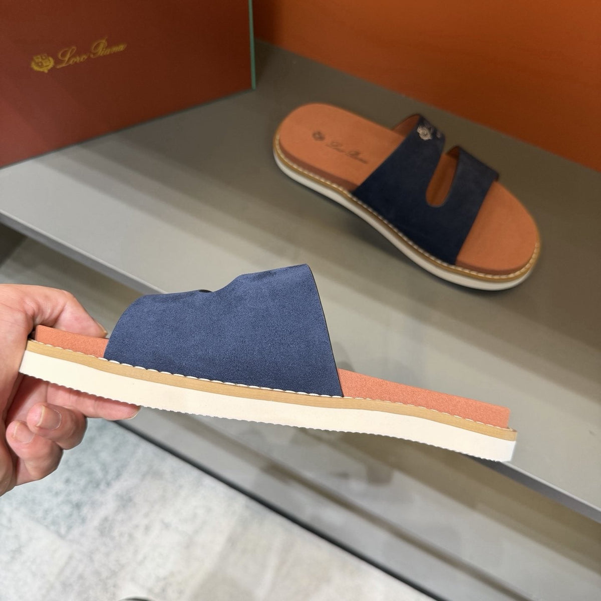 Loro Piana Navy Cutout Slide Sandals — side