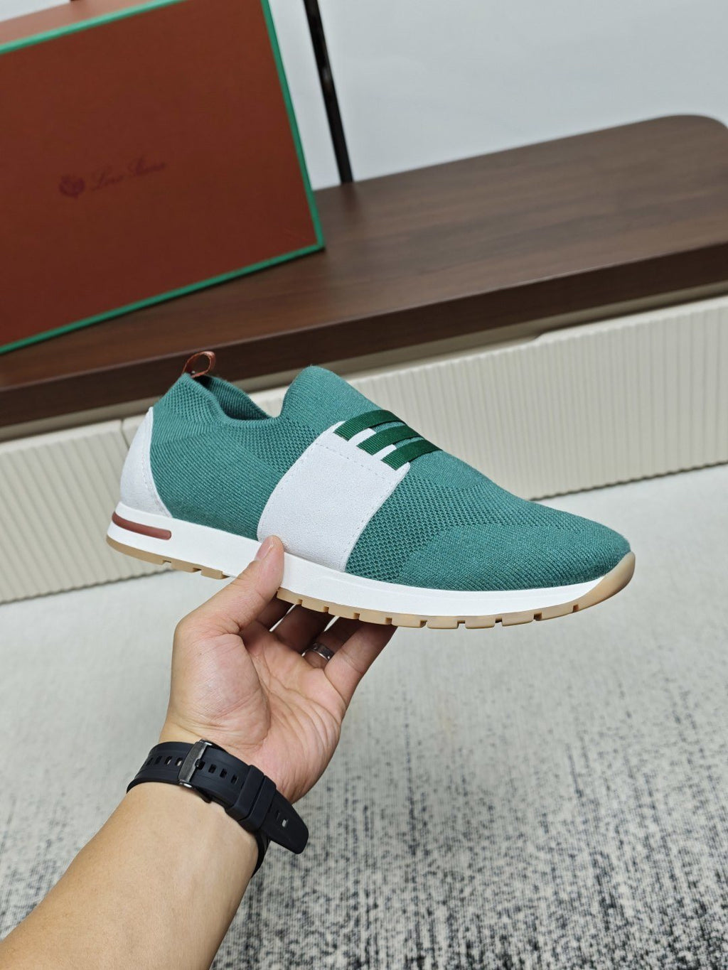 Teal Green Knit Slip-On Sneakers — model
