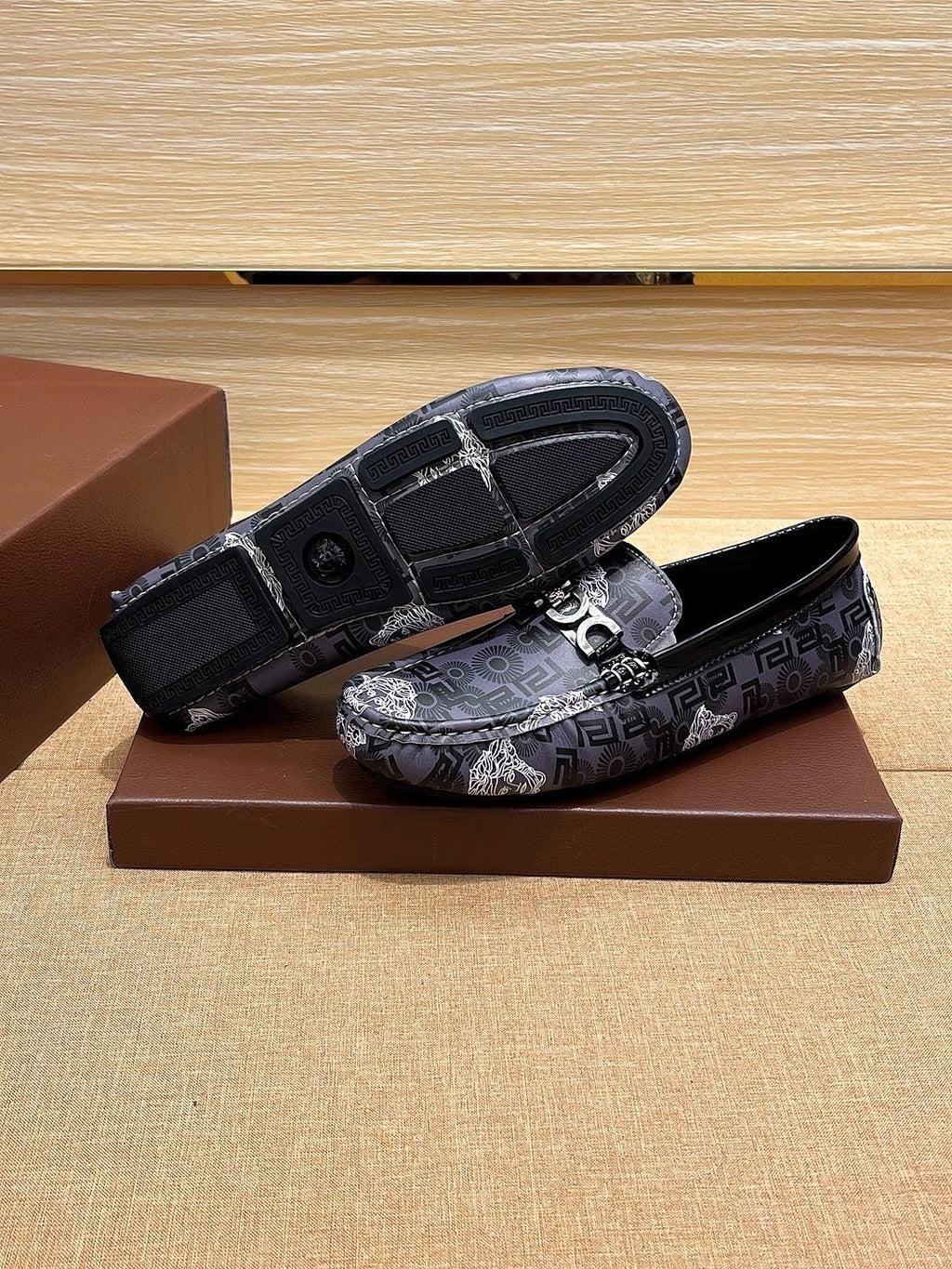 Versace Black and Gray Patterned Loafers — side