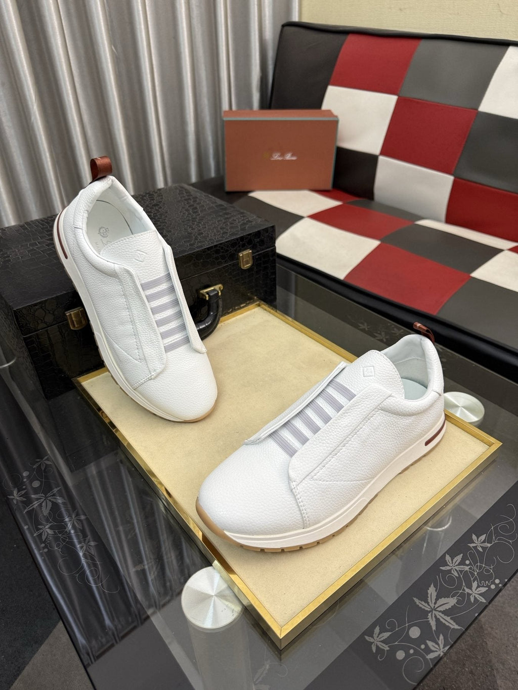Men's White Slip-On Sneakers with Gray Bands — front