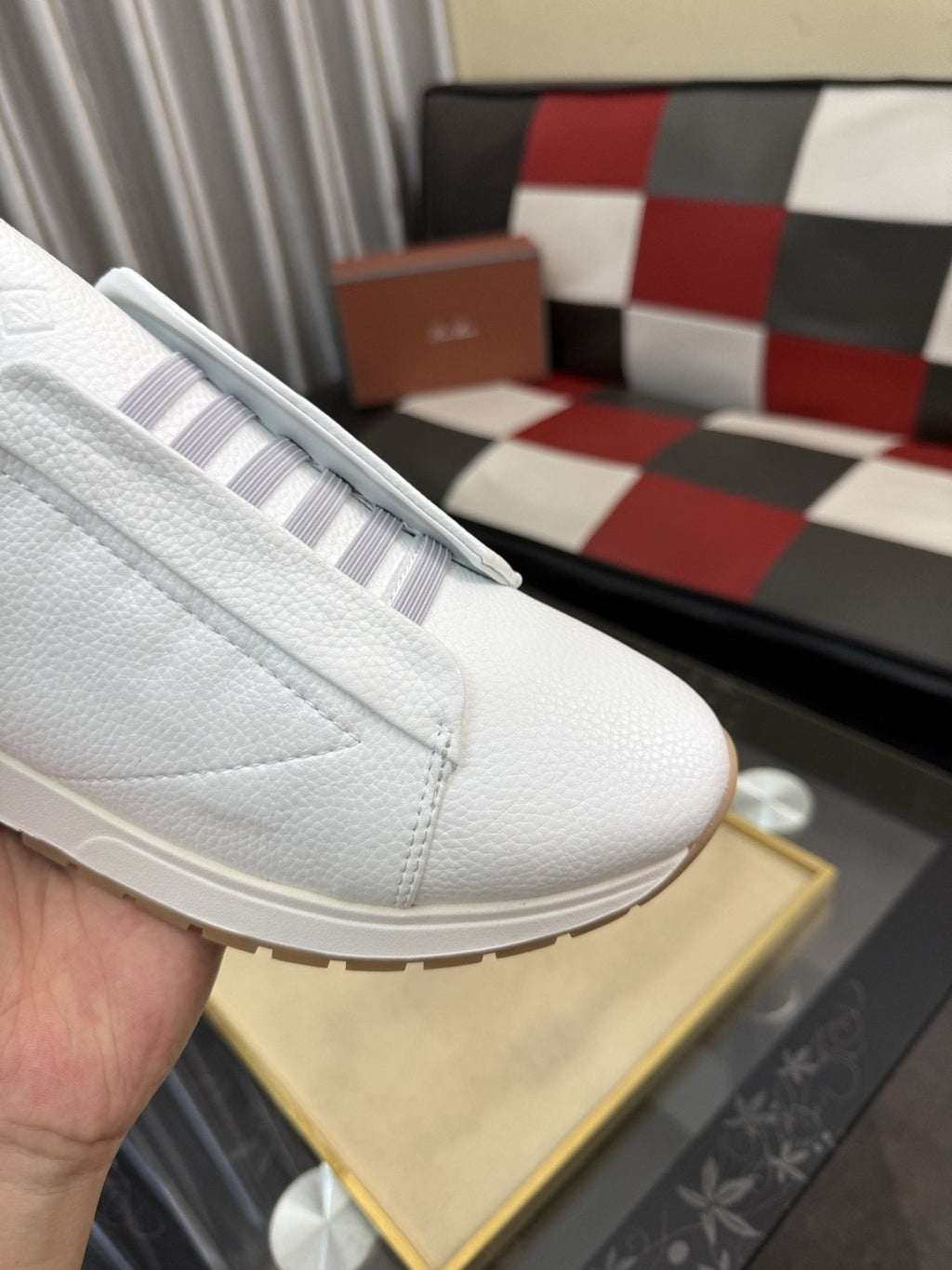 Men's White Slip-On Sneakers with Gray Bands — detail
