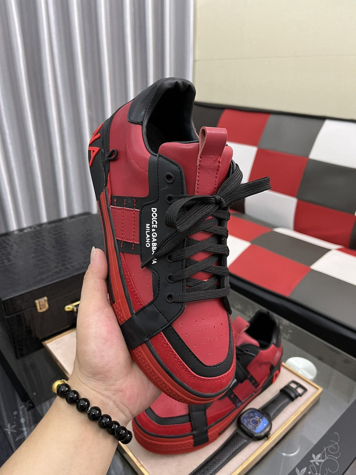 Dolce & Gabbana Red and Black Panel Sneakers — model