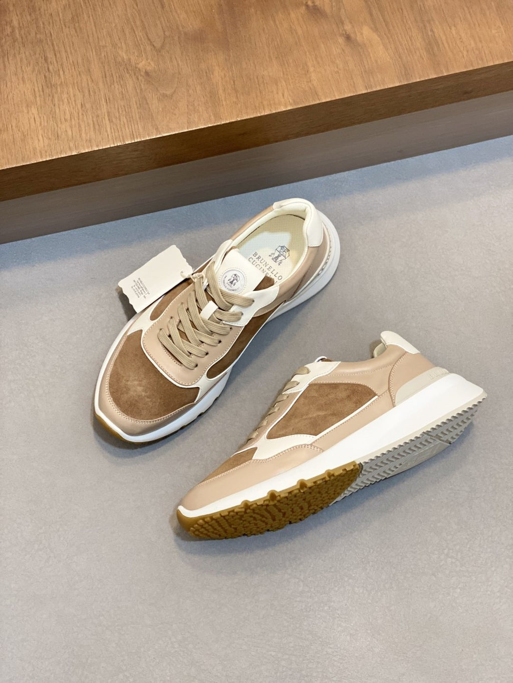 Brunello Cucinelli Tan and Brown Low-Top Sneakers — front