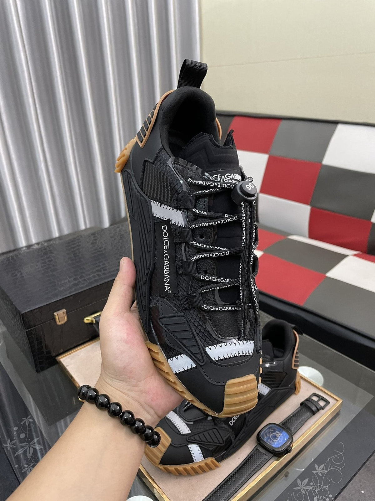 Dolce & Gabbana Black and Gray Lace-Up Sneakers — model
