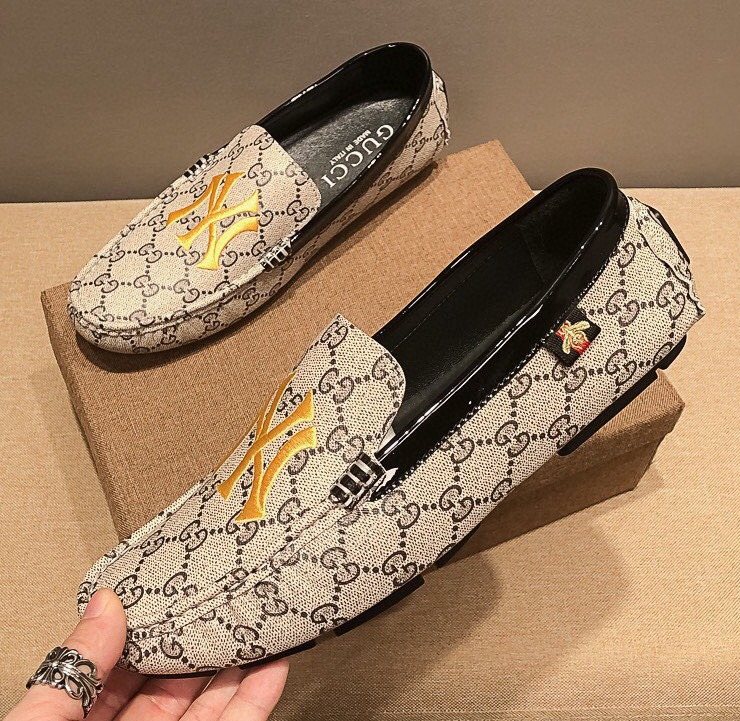 Gucci Beige Patterned Embroidered Loafers — front