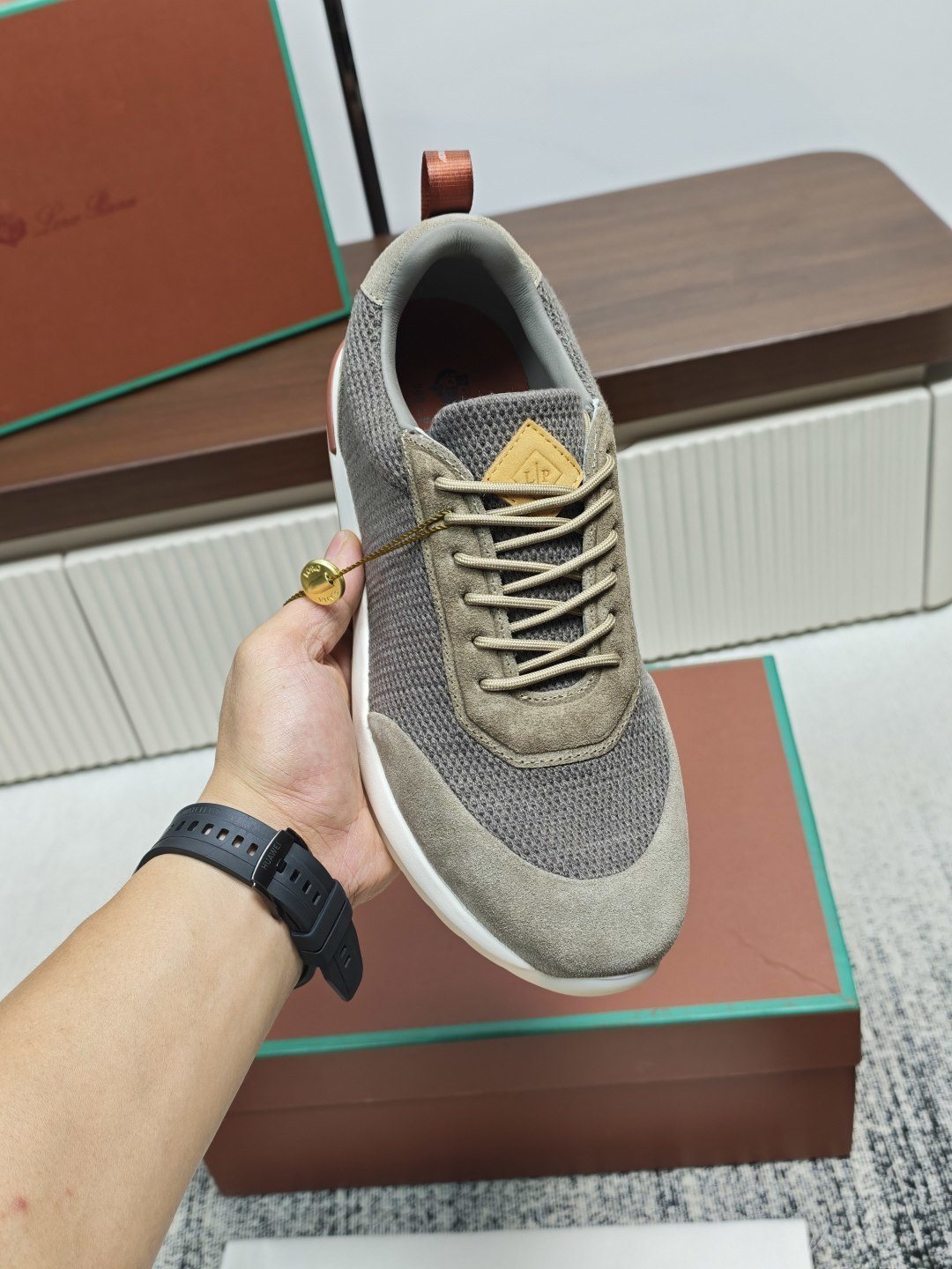 Loro Piana Gray Taupe Lace-Up Sneakers — model