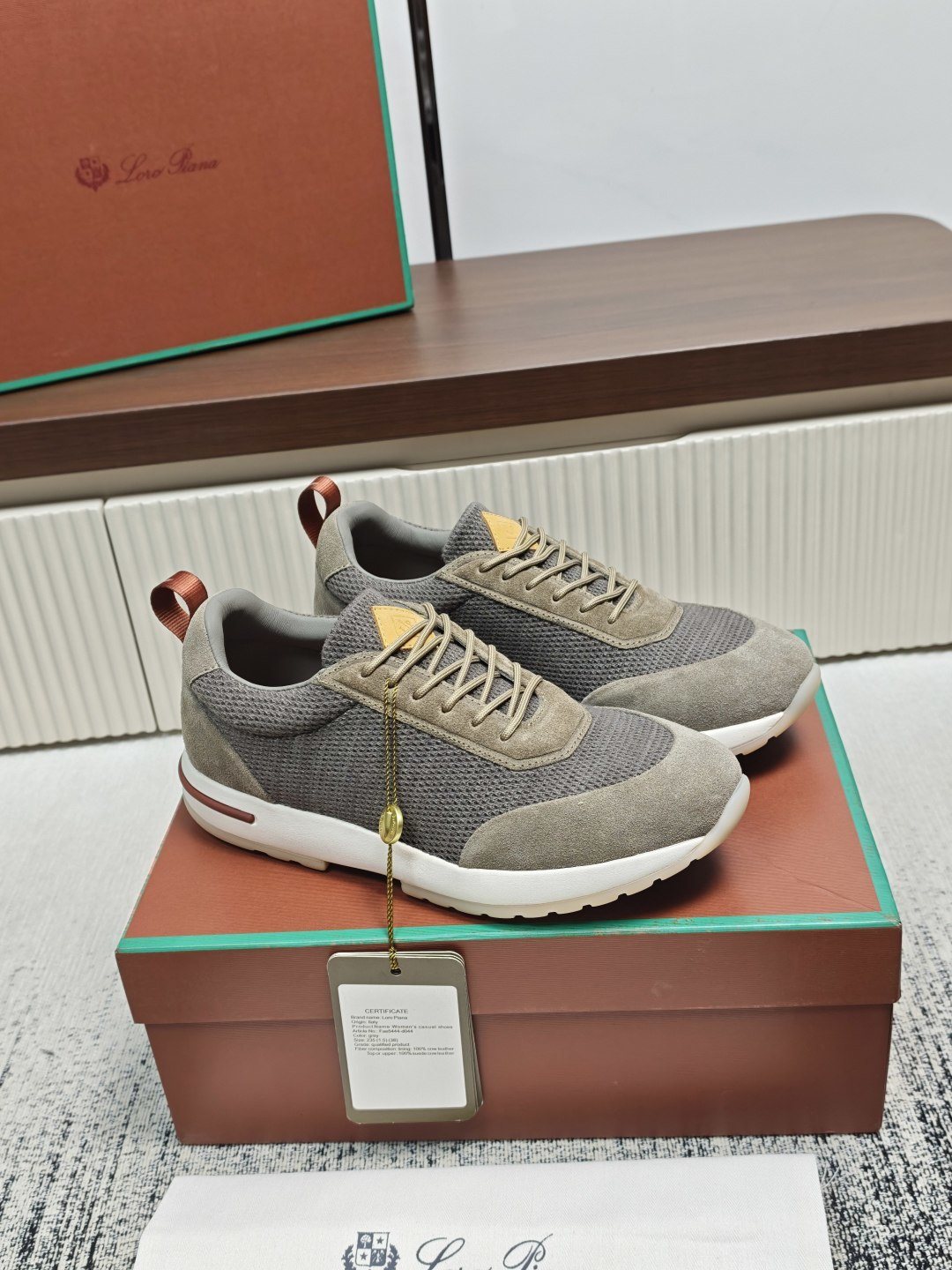 Loro Piana Gray Taupe Lace-Up Sneakers — front