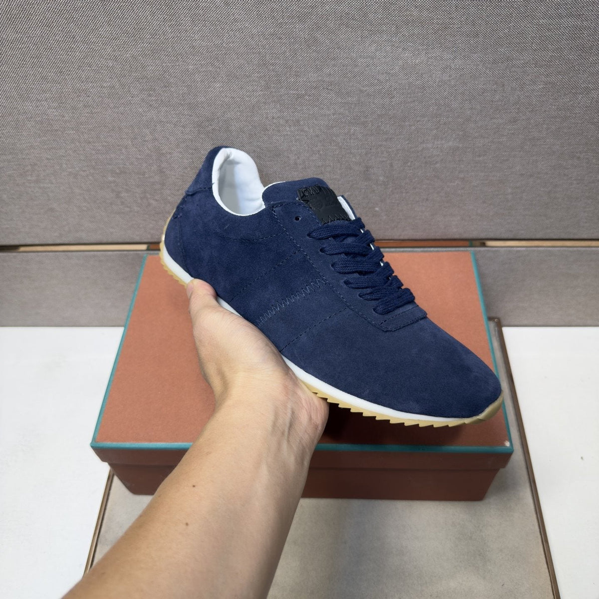 Loro Piana Navy Lace-Up Sneakers — model