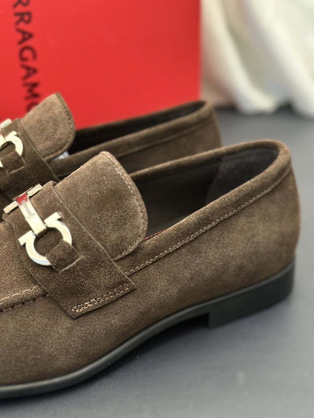 Ferragamo Brown Metal-Detail Loafers — detail