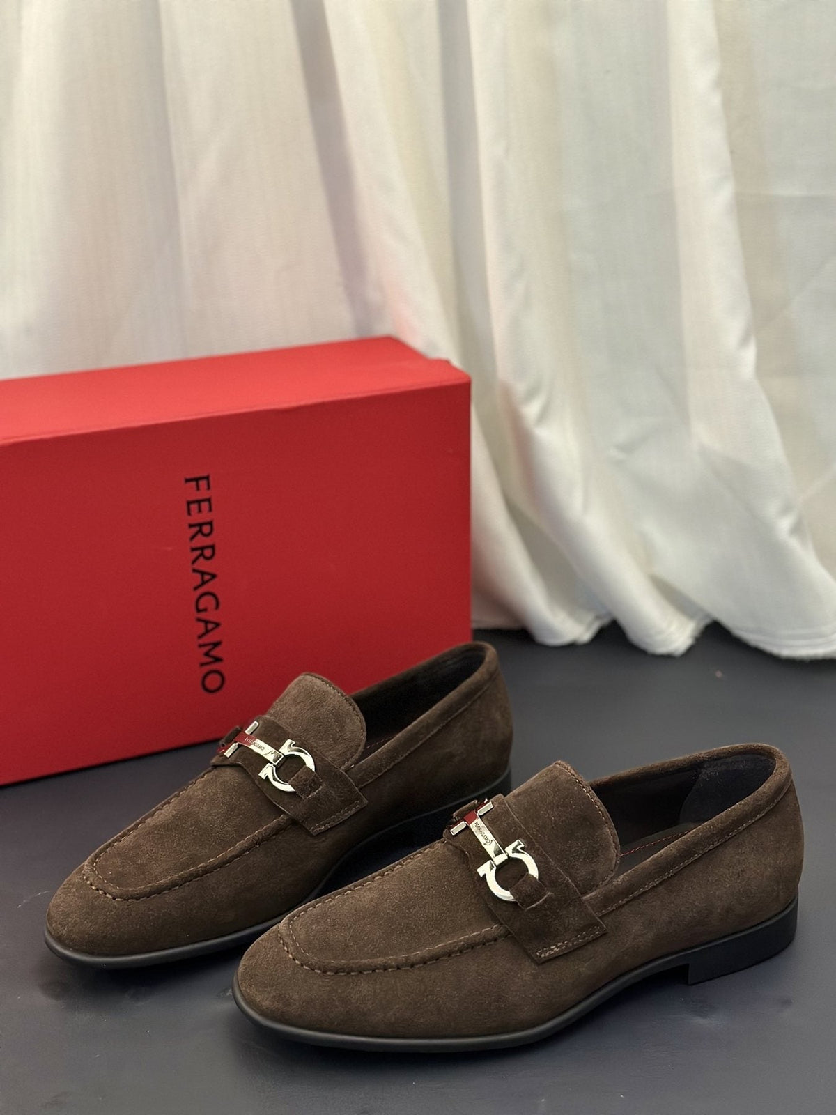 Ferragamo Brown Metal-Detail Loafers — front