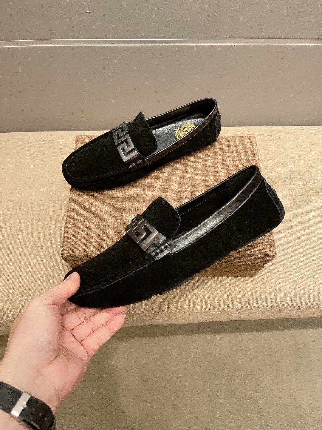 Versace Black Loafers with Silver-Tone Hardware — side