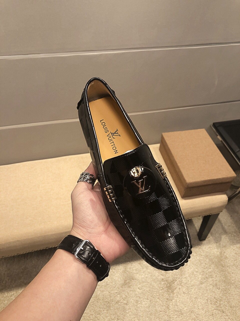 Louis Vuitton Black Checkerboard Loafers — model