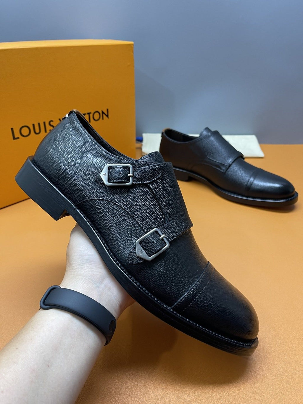 Louis Vuitton Black Cap-Toe Double-Monk Strap Shoes — side