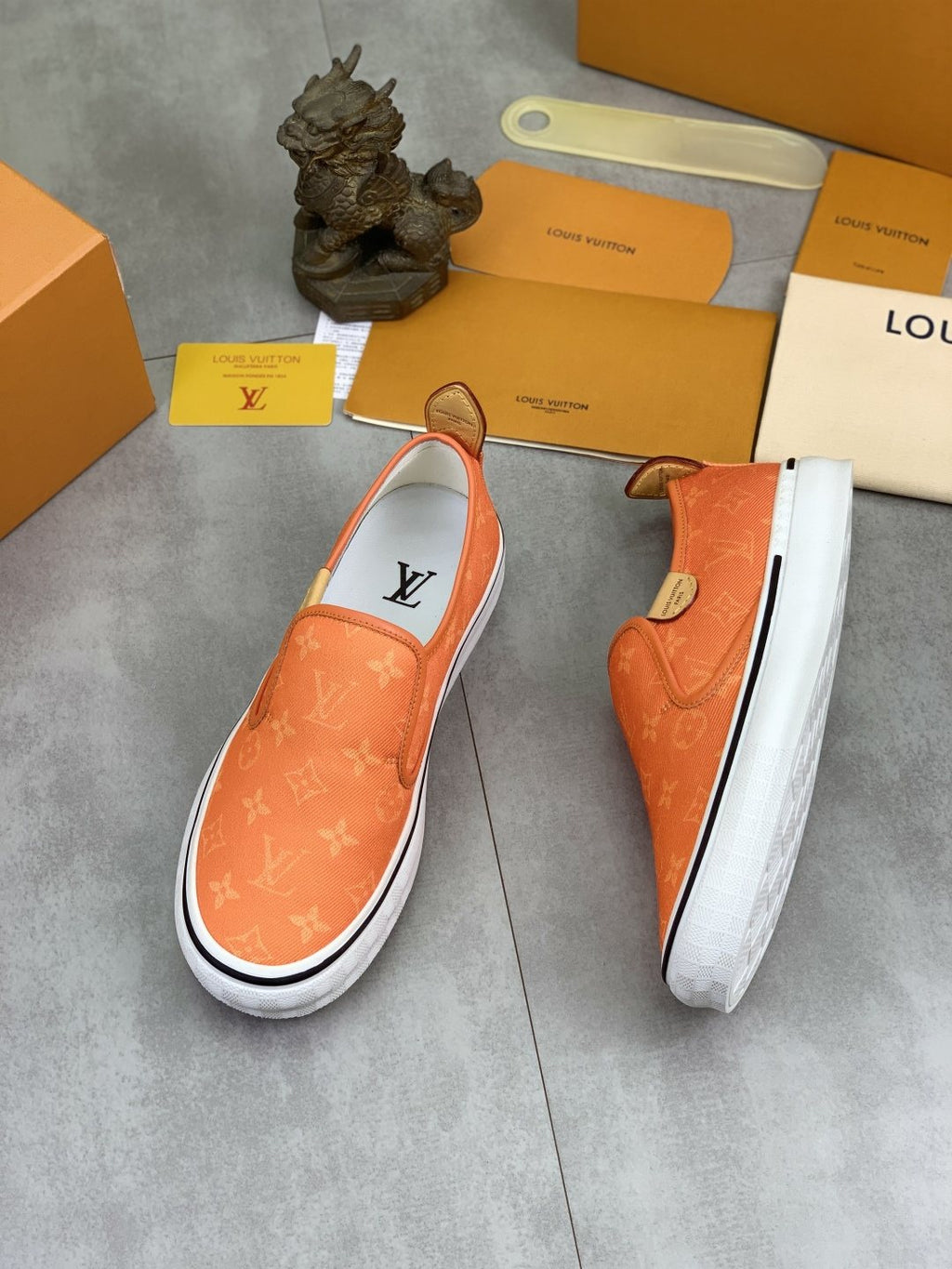 Louis Vuitton Orange Patterned Slip-On Shoes — side