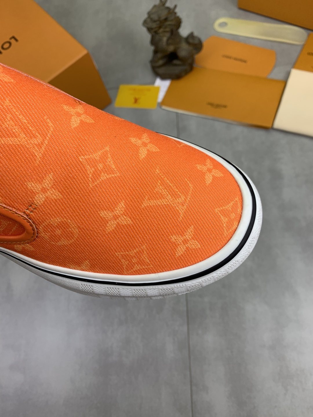 Louis Vuitton Orange Patterned Slip-On Shoes — detail