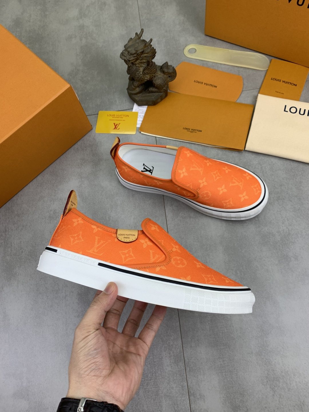 Louis Vuitton Orange Patterned Slip-On Shoes — side