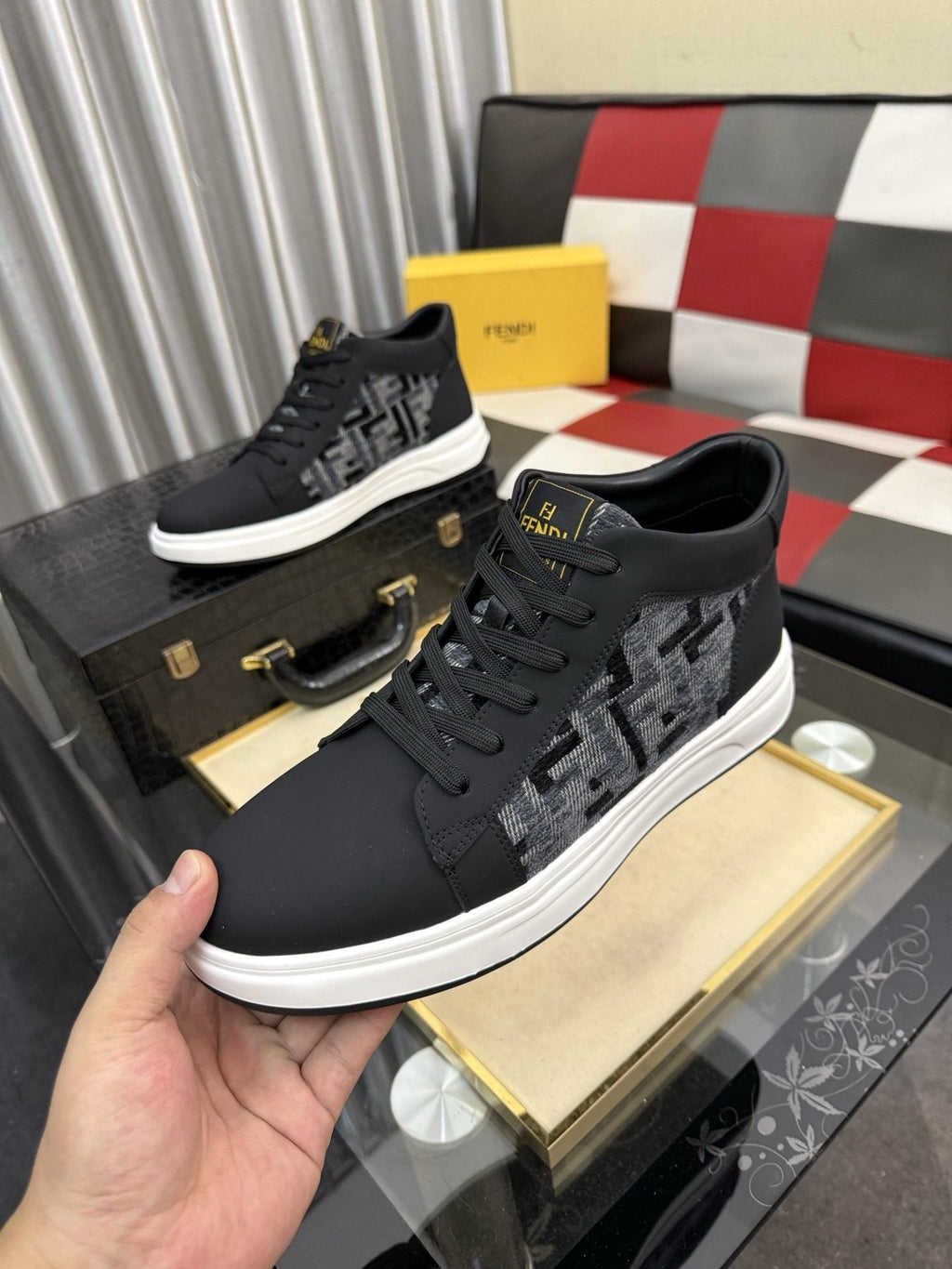 Fendi Patterned-Panel Lace-Up Sneakers — model