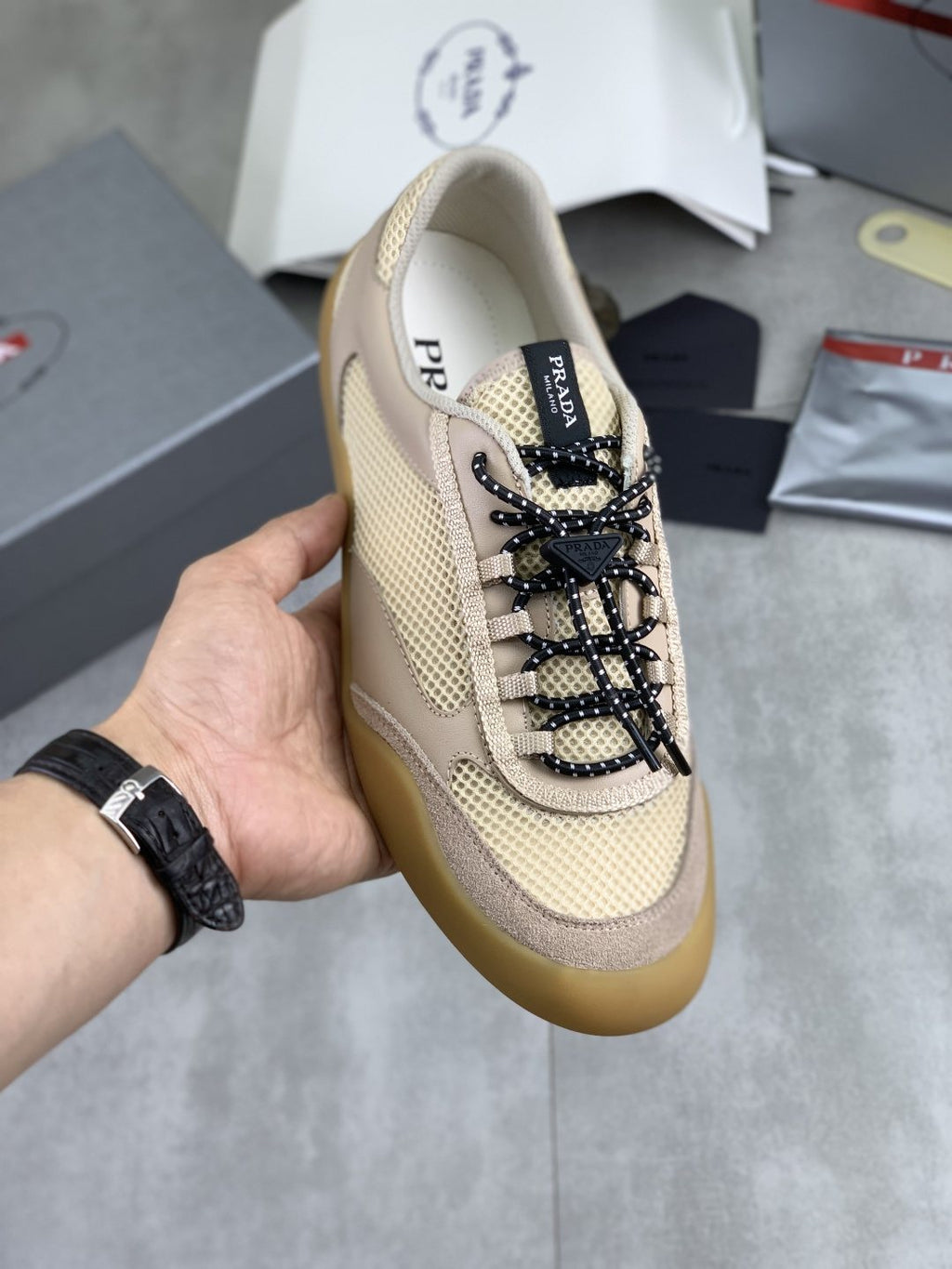 Prada Paneled Low-Top Sneakers — model