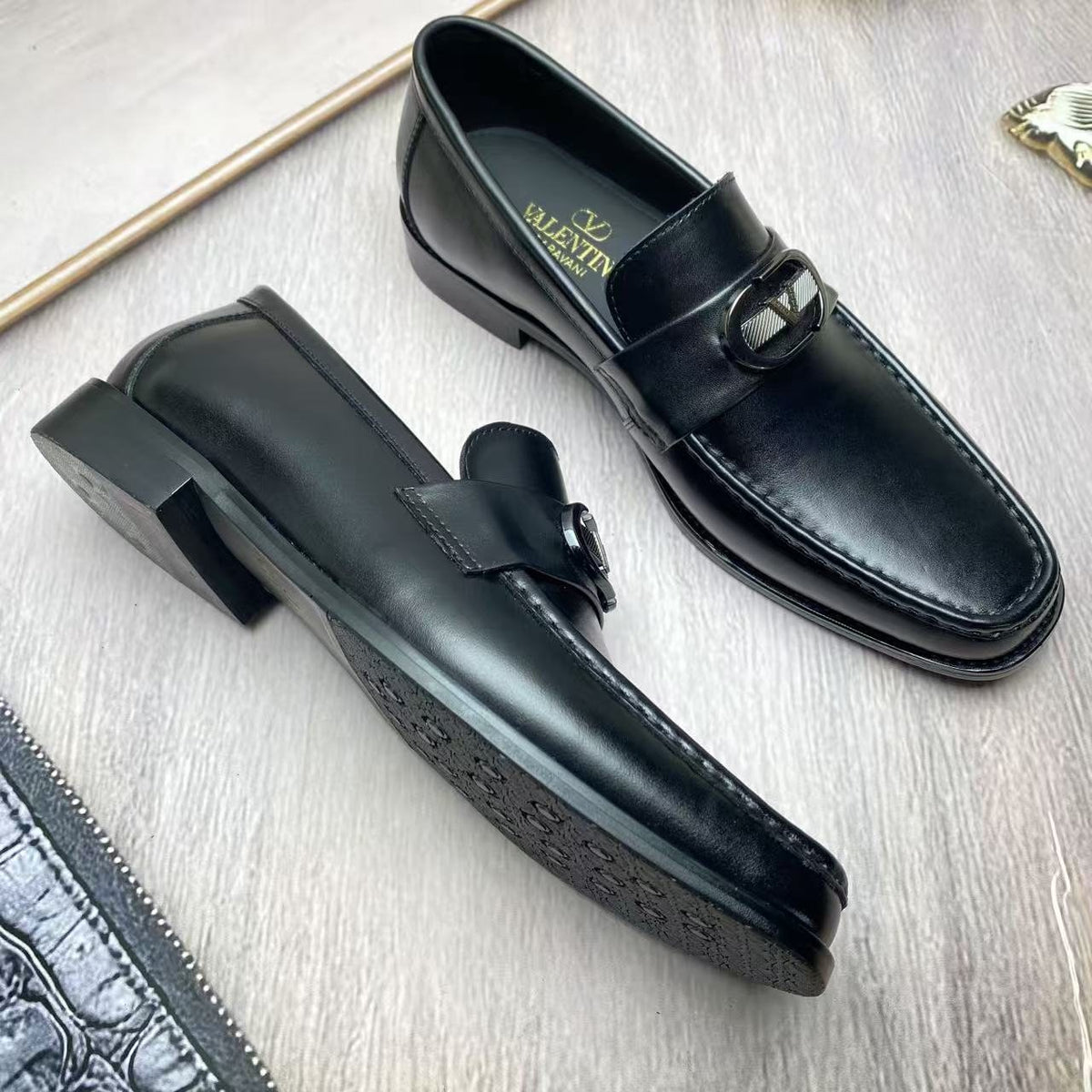 Valentino Square-Toe Loafers with Metal Detail — side