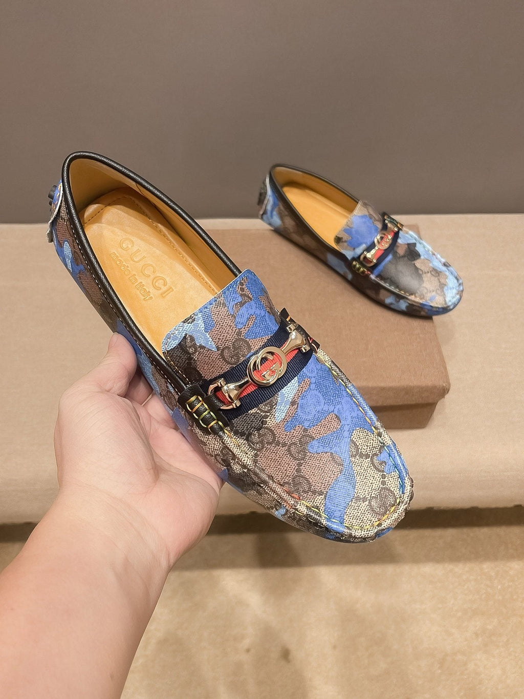 Gucci Patterned Metal-Accent Loafers — detail
