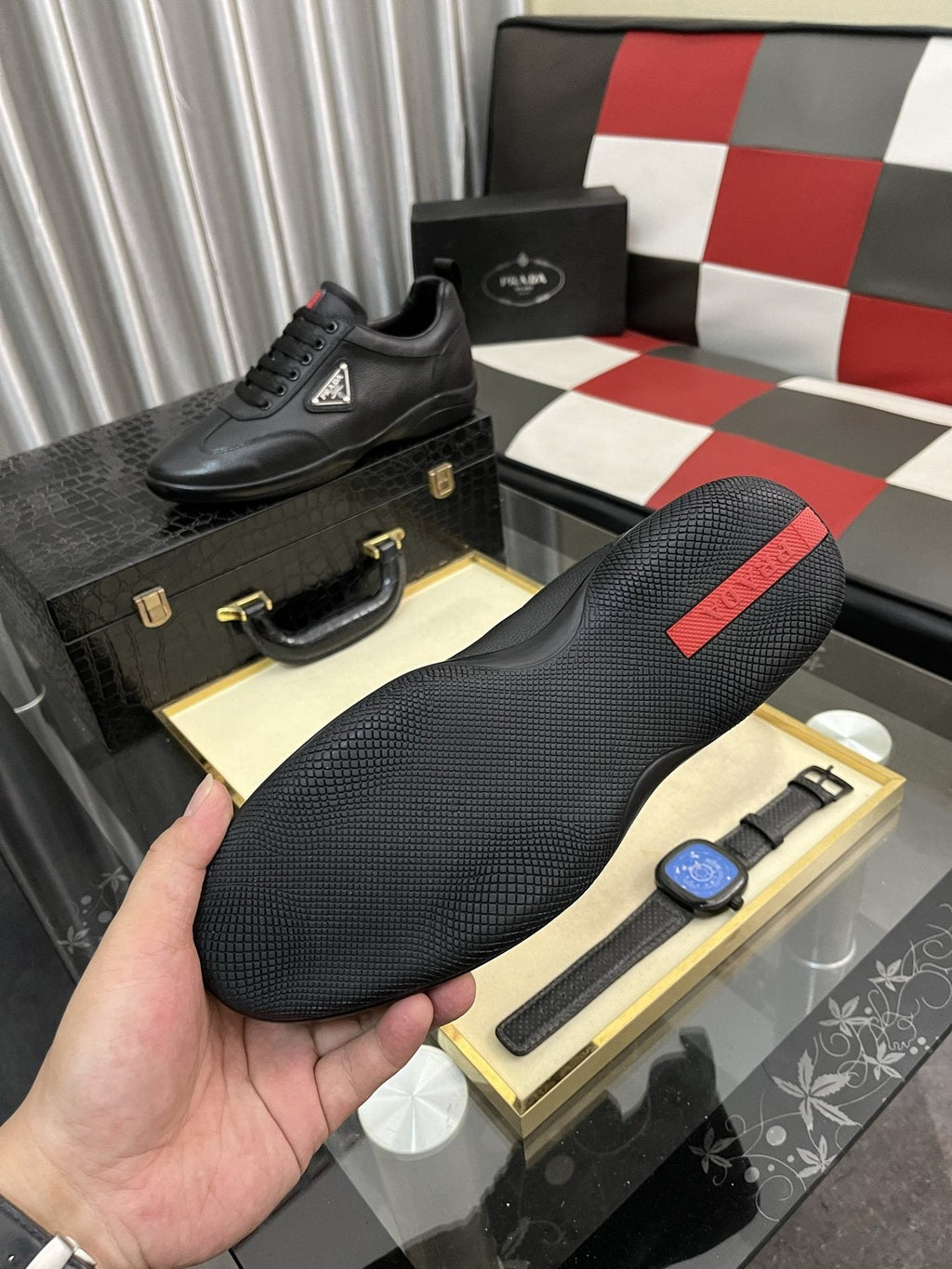 Prada Black Lace-Up Sneakers with Red Tab — detail