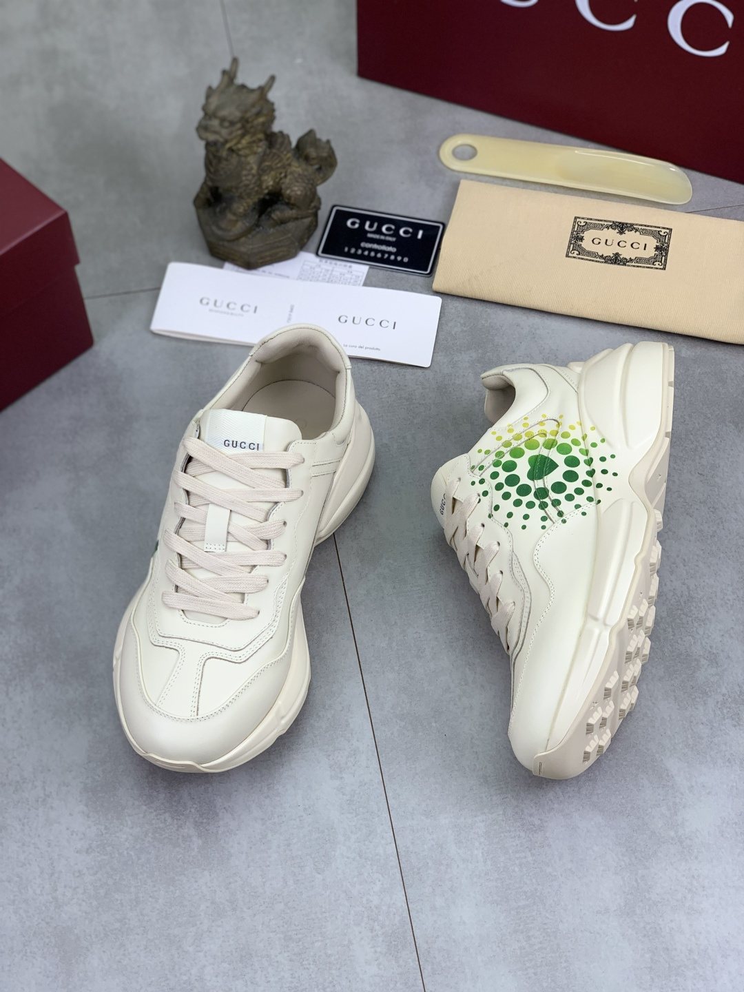 Gucci Cream and Green Chunky Sneakers — front