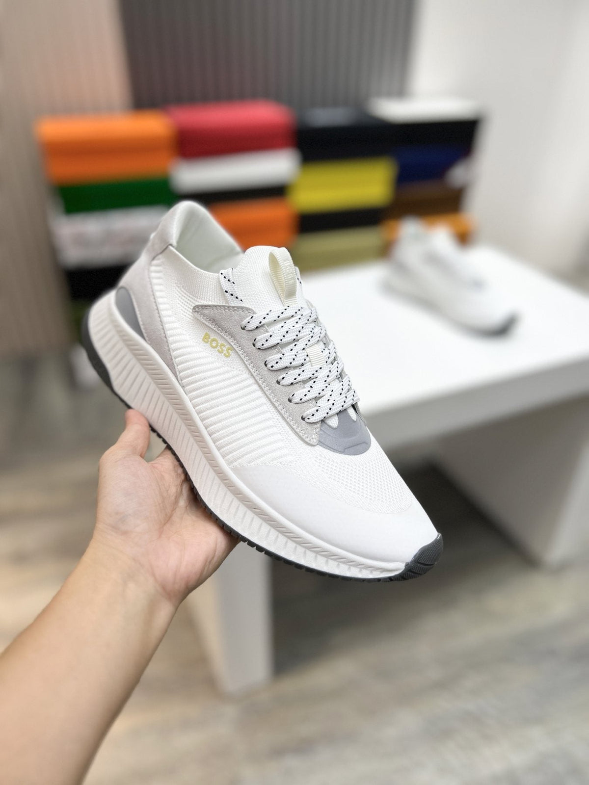 BOSS Men's Knit-Upper Ribbed-Sole Sneakers — model