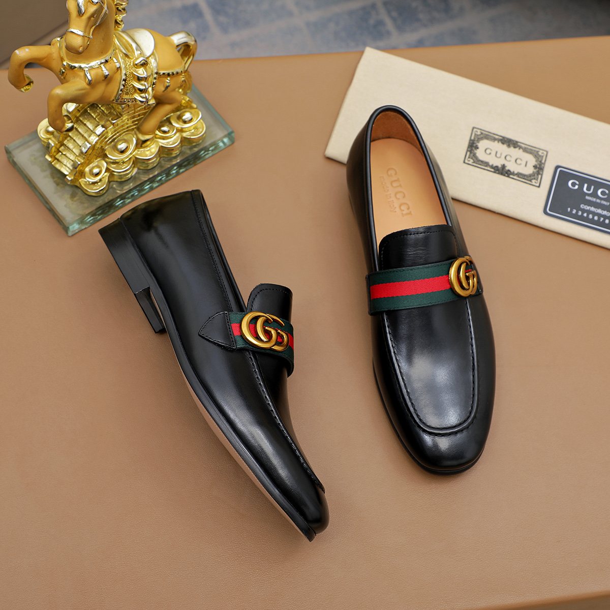 Gucci Striped-Strap Apron-Toe Loafers — front