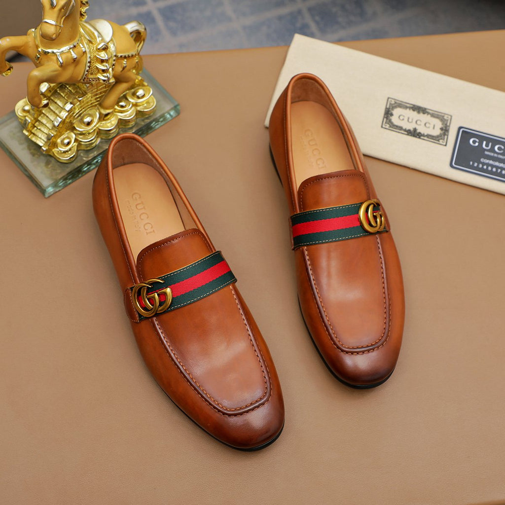 Gucci Striped-Strap Apron-Toe Loafers — model
