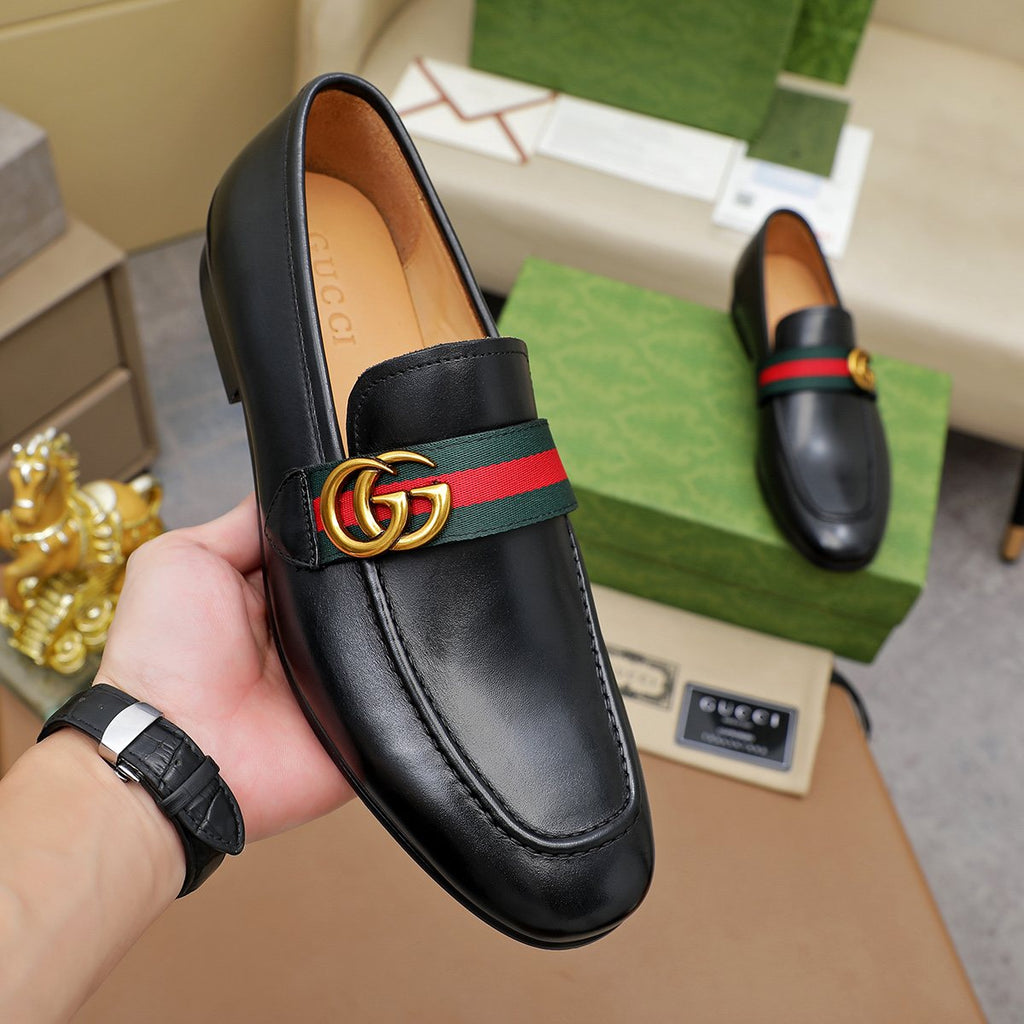 Gucci Striped-Strap Apron-Toe Loafers — model