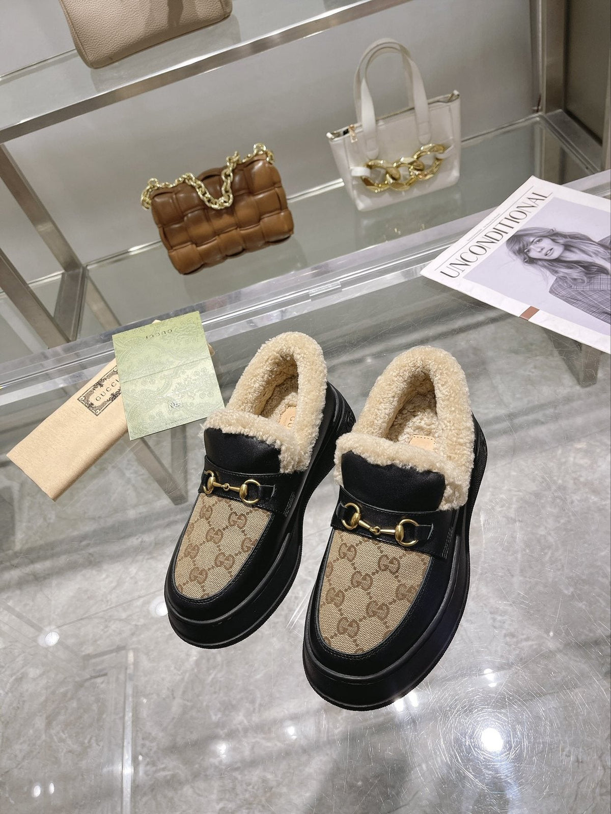Gucci Patterned Plush-Lined Platform Slip-On Shoes — front