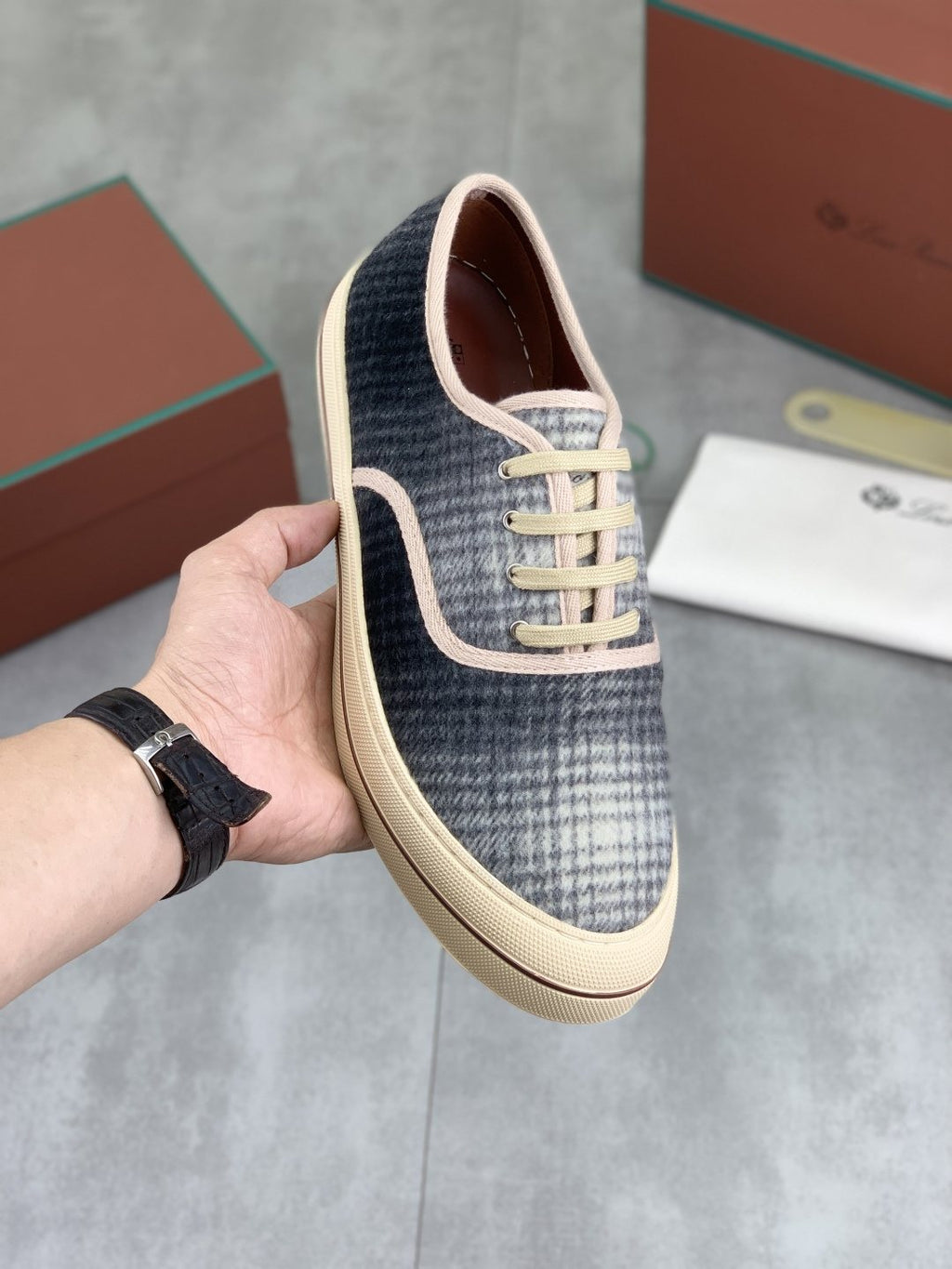 Loro Piana Plaid Lace-Up Casual Shoes — model